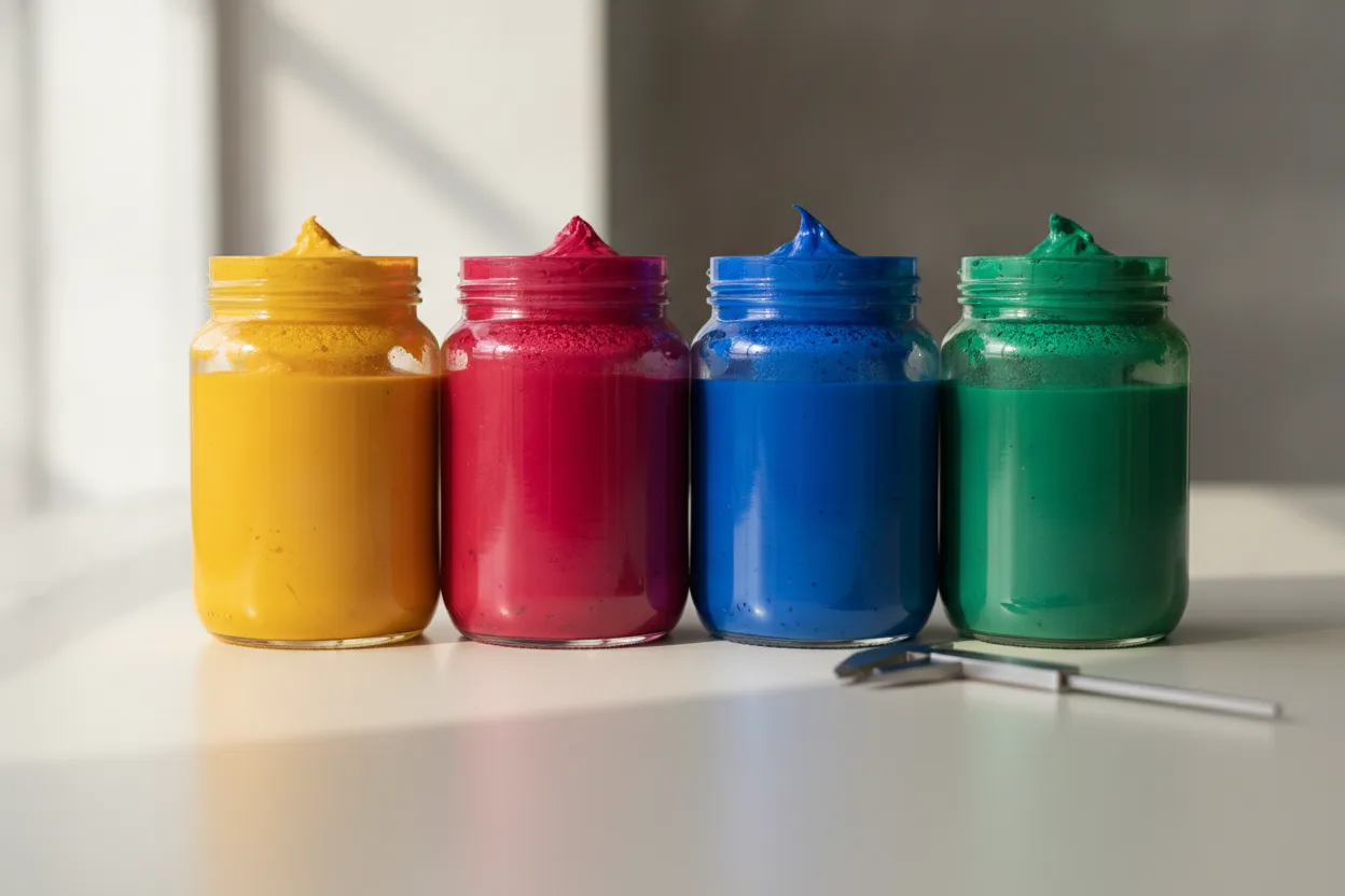 Jars of saturated textile pigment paste in yellow, magenta, blue, and green